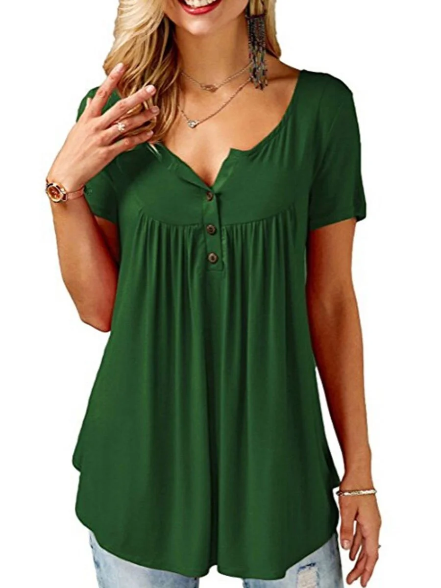V-Neck  Asymmetric Hem Button Short Sleeve T-Shirts