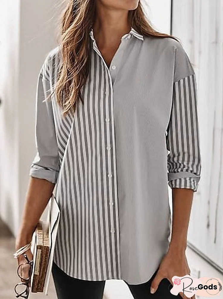 Shirt Collar Cotton-Blend Striped Blouse