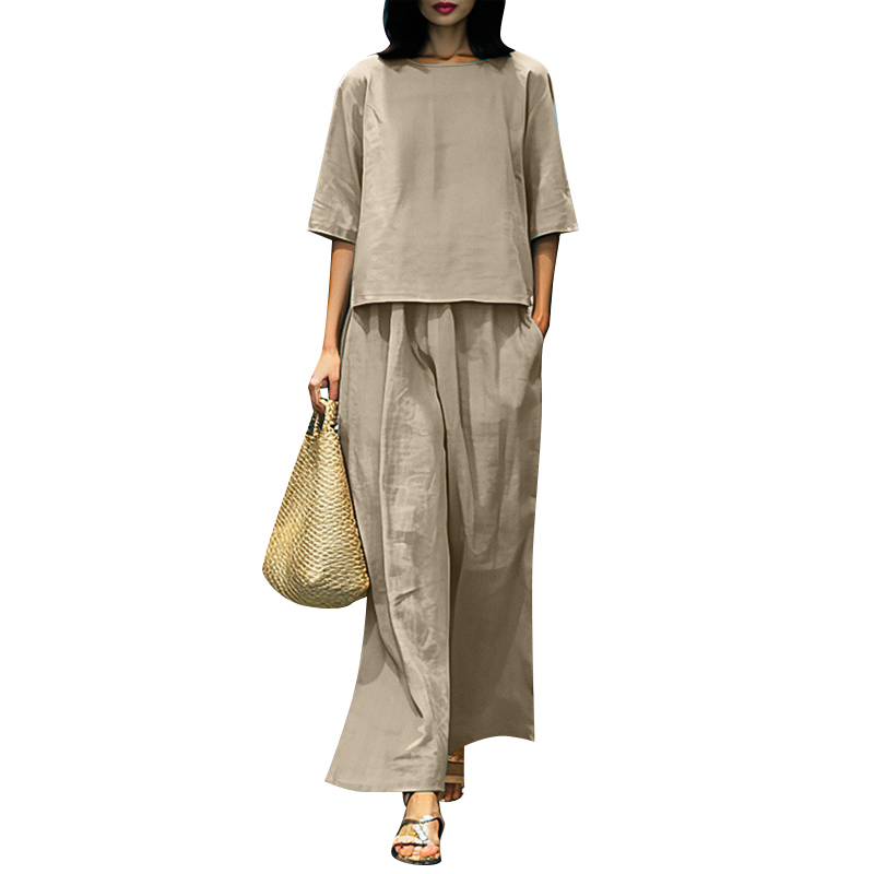 ZANZEA Summer Casual Suit Women Outfits 2pcs O Neck 3/4 Sleeve Tops Wide Leg Trousers Elegant OL Work Pant Sets Urban Tracksuits