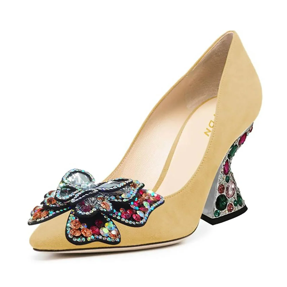 Chic Yellow Decorative Heel Rhinestone Butterfly Pumps for Women