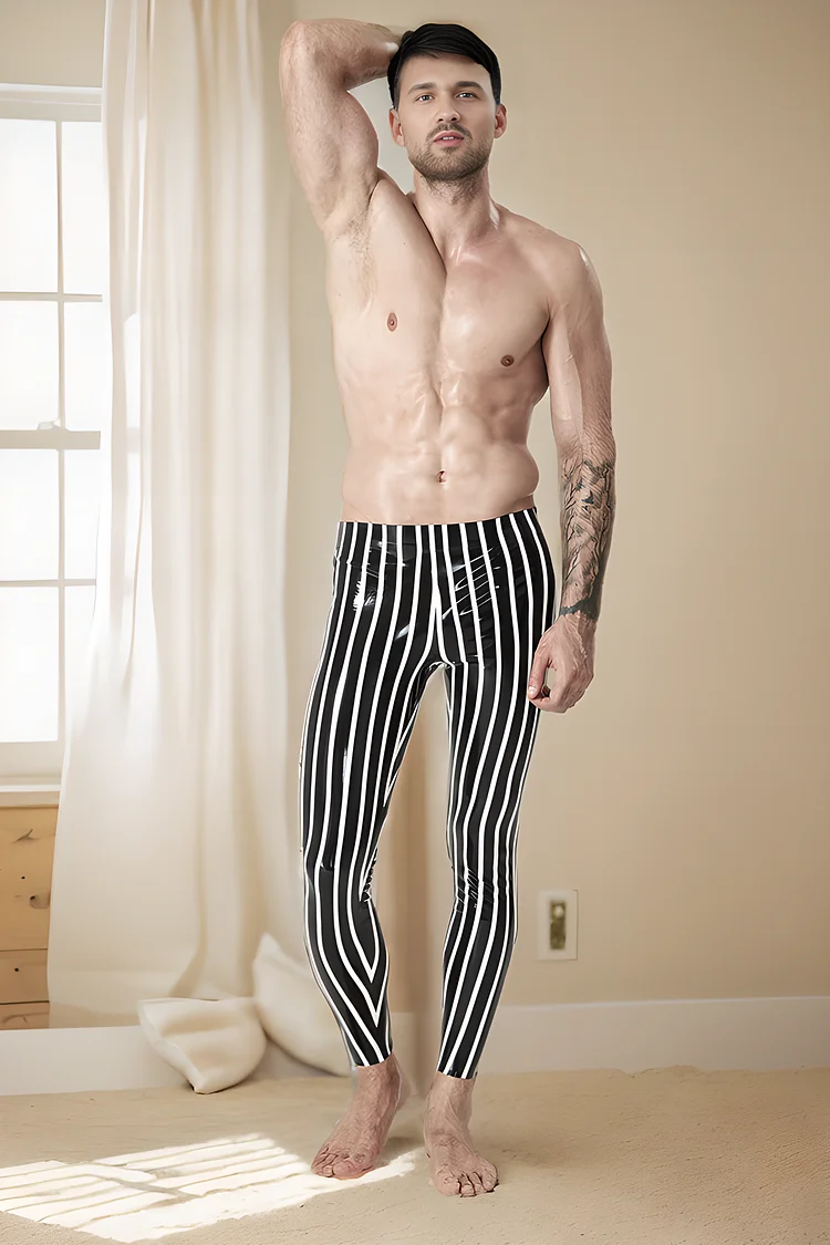 Men's Latex Leggings Male 'Hazard Strips' Leggings Zebra Look Black & White Leggings