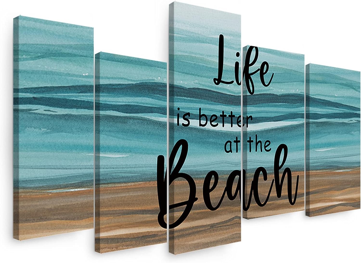 Canvas Wall Art 5 Piece Set for Living Room, Ocean Quotes - Life is Better at the Beach Picture Wall Decor Canvas Print Painting for Bathroom, Bedroom, Dining Room, Office, 12&#034;x24&#034;x4pcs, 12&#034;x32&#034;x1pc