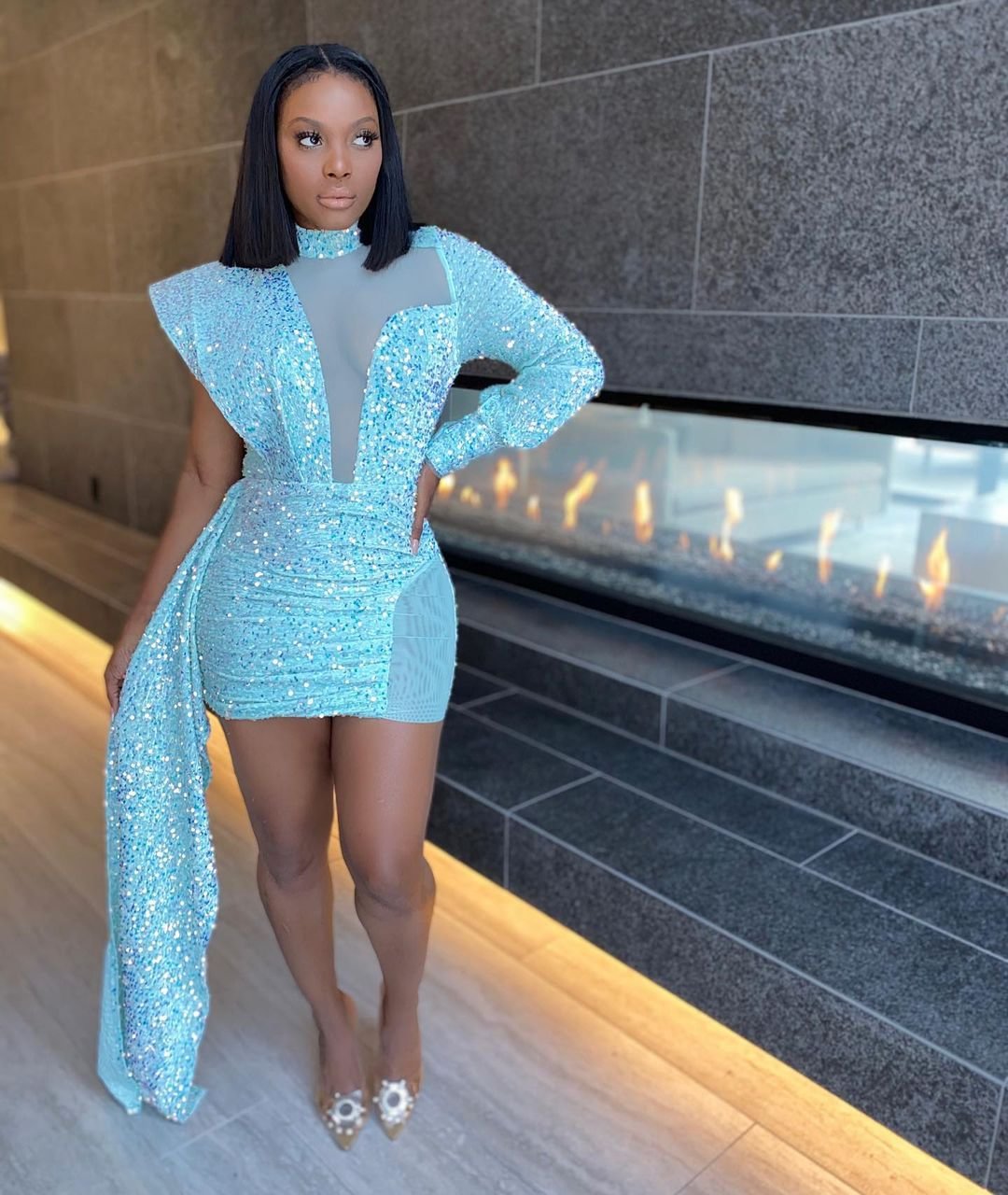CM.YAYA Women Mesh See Though Patchwork One Long Sleeve Sequined Ruffles Side Bodycon Dress Sexy Night Party Clubwear Dresses
