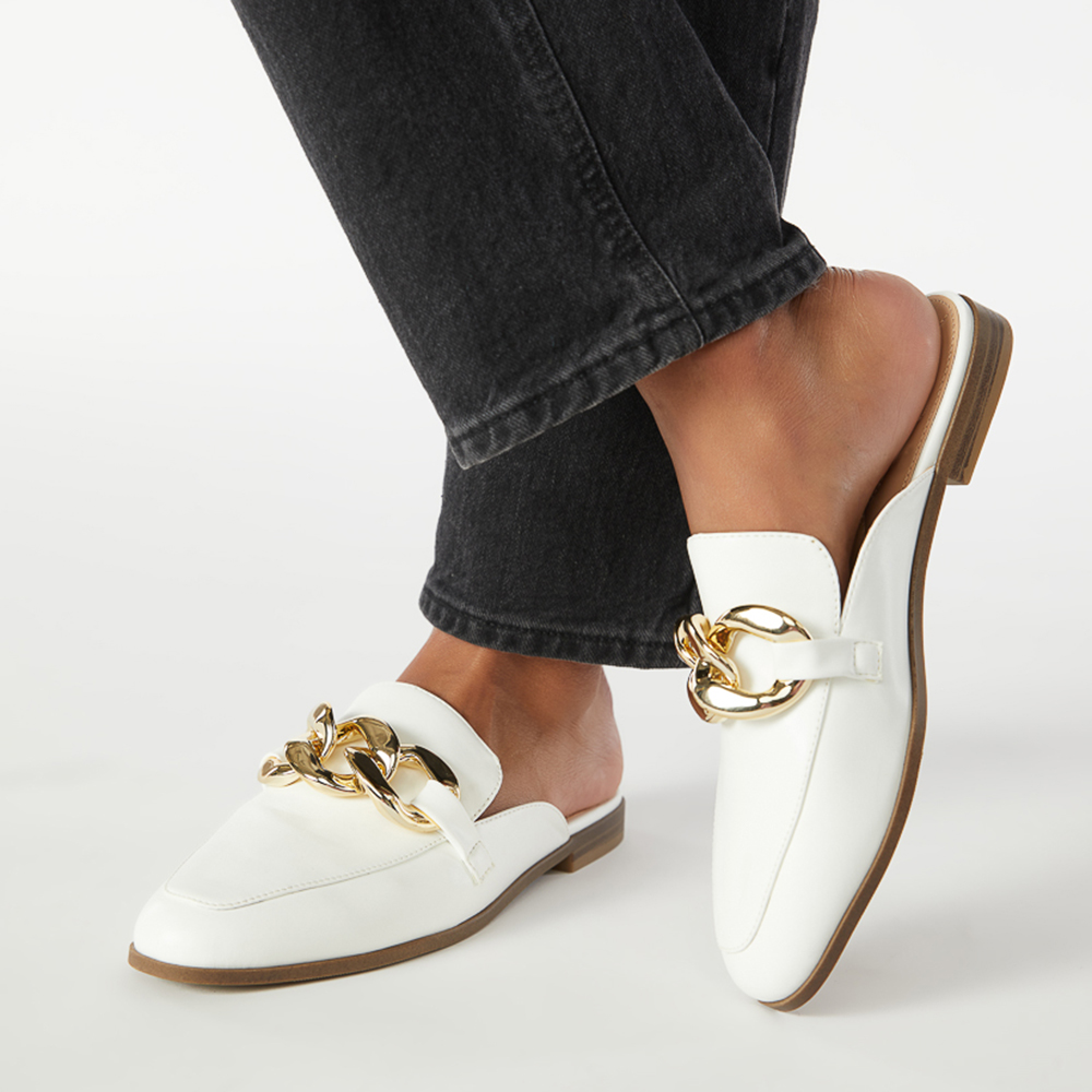 White Closed Toe Flat Mules with God Chain Nicepairs