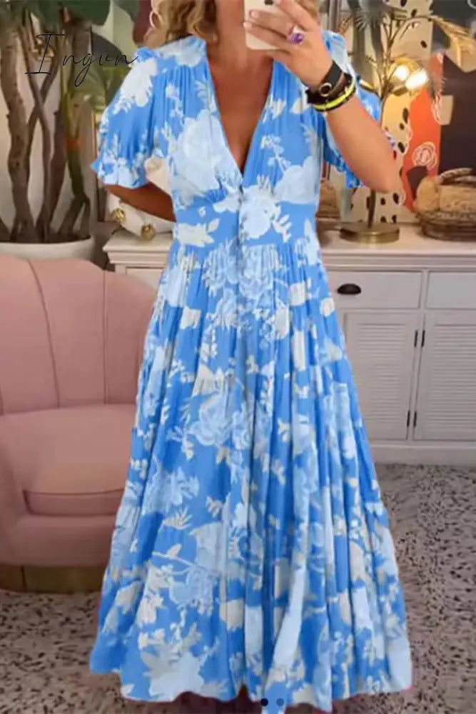 Ingvn - Sweet Elegant Floral V Neck A Line Dresses Sky Blue / S Dresses/Floral