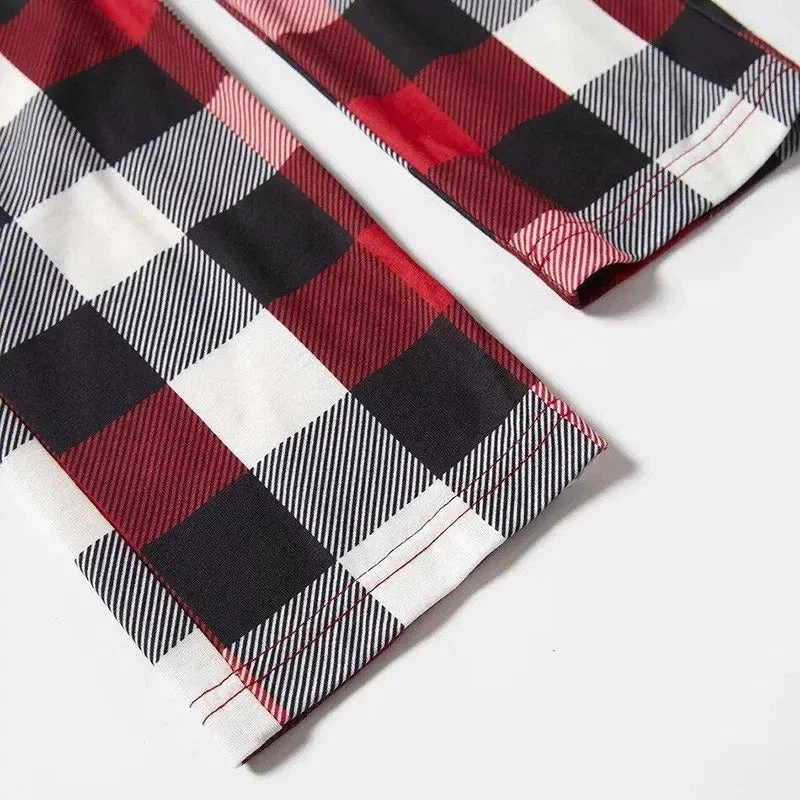 Christmas Cute Cat Prints Red & Black & Grey & White Plaid Family Matching Pajamas