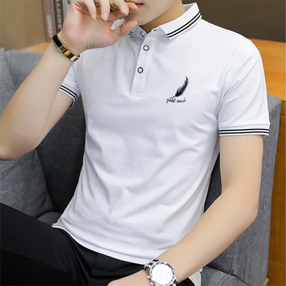 Smiledeer Summer Men's Feather Print Business Short Sleeve Polo Shirt