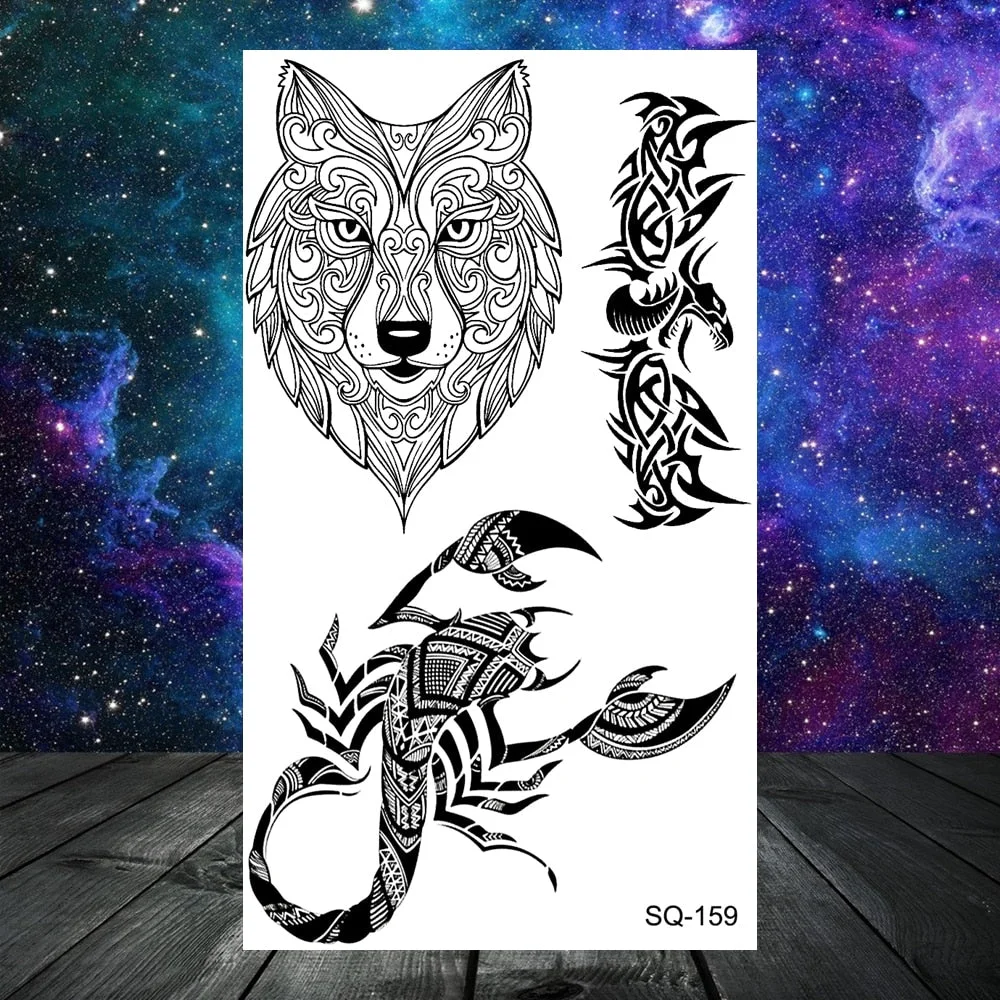 Thorns Wolf Dragon Scorpion Temporary Tattoos For Adult Men Boy Skull Tiger Lion Compass Fake Tattoo Neck Arm Hands Small Tatoos