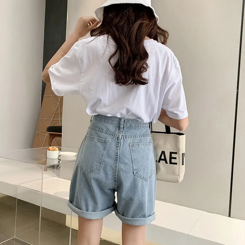 FTLZZ New Woman Wide Legs High Waist Blue Knee-lenght Denim Shorts Casual Female Loose Fit Jeans Vintage Ladies Bermuda Shorts