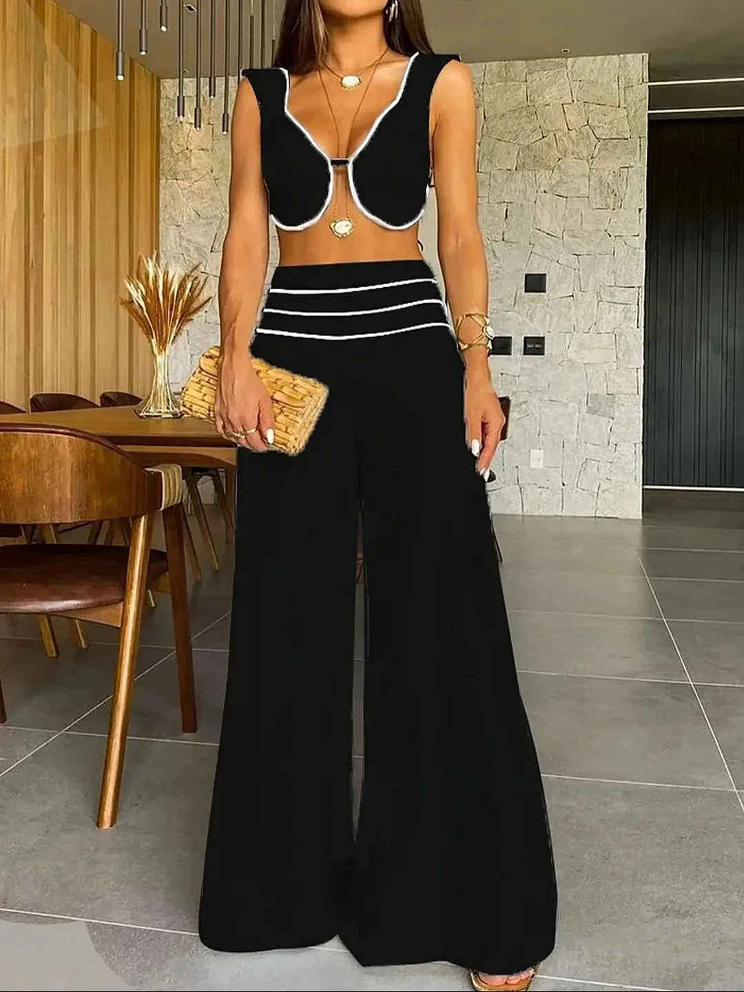 Huiketi Piece Set With Pants Summer Elegant Solid Women Deep V Square Collar Sexy Short Top Wide Leg Pants Suit Office Lady Clothing