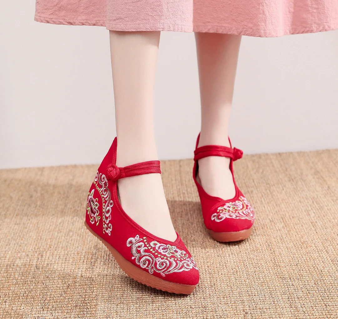Colourp Colourp Heels Single Shoes Ox Tendon Bottom Heel Heighten Embroidered Cloth Shoes One Word Buckle Retro Plate Buckle Spring And Autumn Women's Shoes