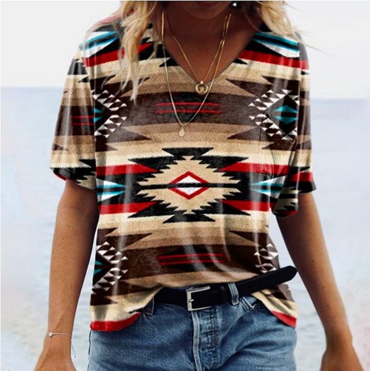 Vintage Print Family Geometry V-neck Short Sleeve T-Shirt Top