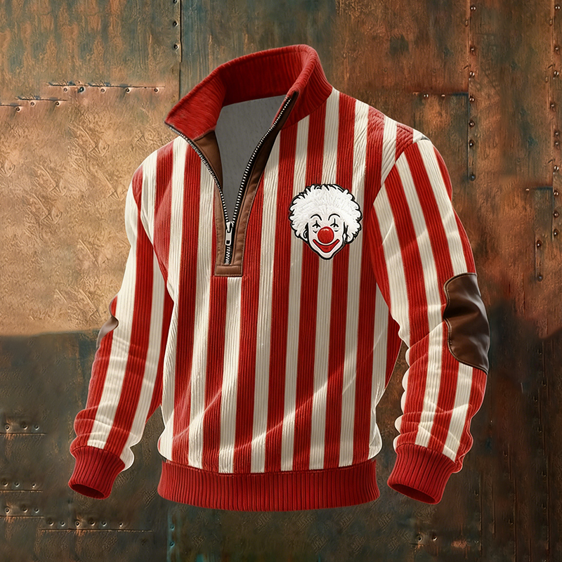 Men's Retro Clown Striped Color Block Print High Neck Zip Sweatshirt elevenforest