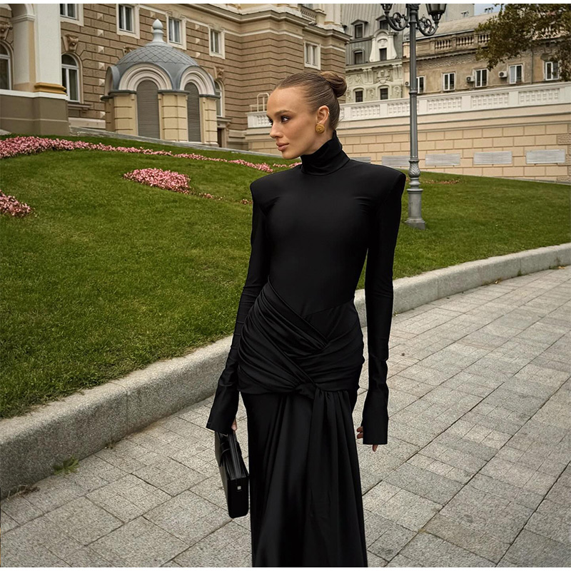 Elegant Black High Neck Bodycon Maxi Dresses Sexy O-neck Long Sleeve Shoulder Pad Lace Up Vestidos 2024 Autumn Lady Party Robes 5 Elegant Black High Neck Bodycon Maxi Dresses Sexy O-neck Long Sleeve Shoulder Pad Lace Up Vestidos 2024 Autumn Lady Party Robes