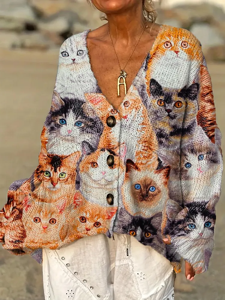 Women's Lovely Cats Art Print Casual Pullover Sweater