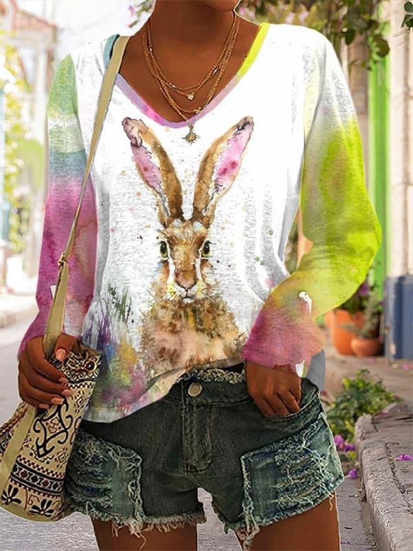 Easter Bunny Casual Print V-Neck Top