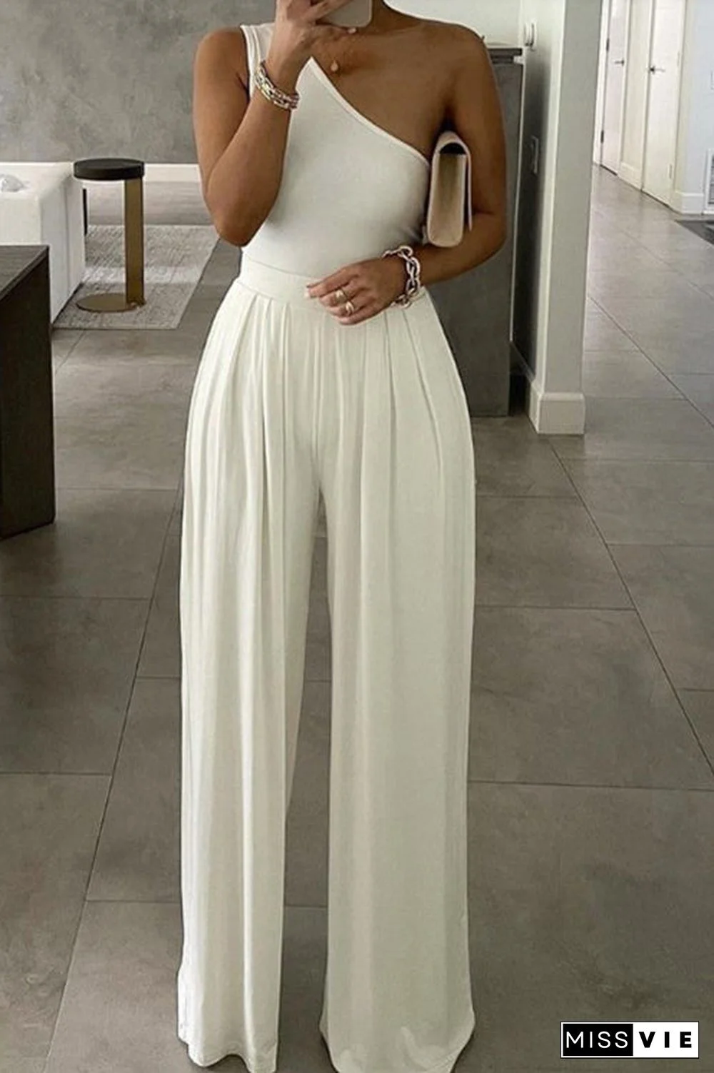 Solid One Shoulder Wide Leg Jumpsuits