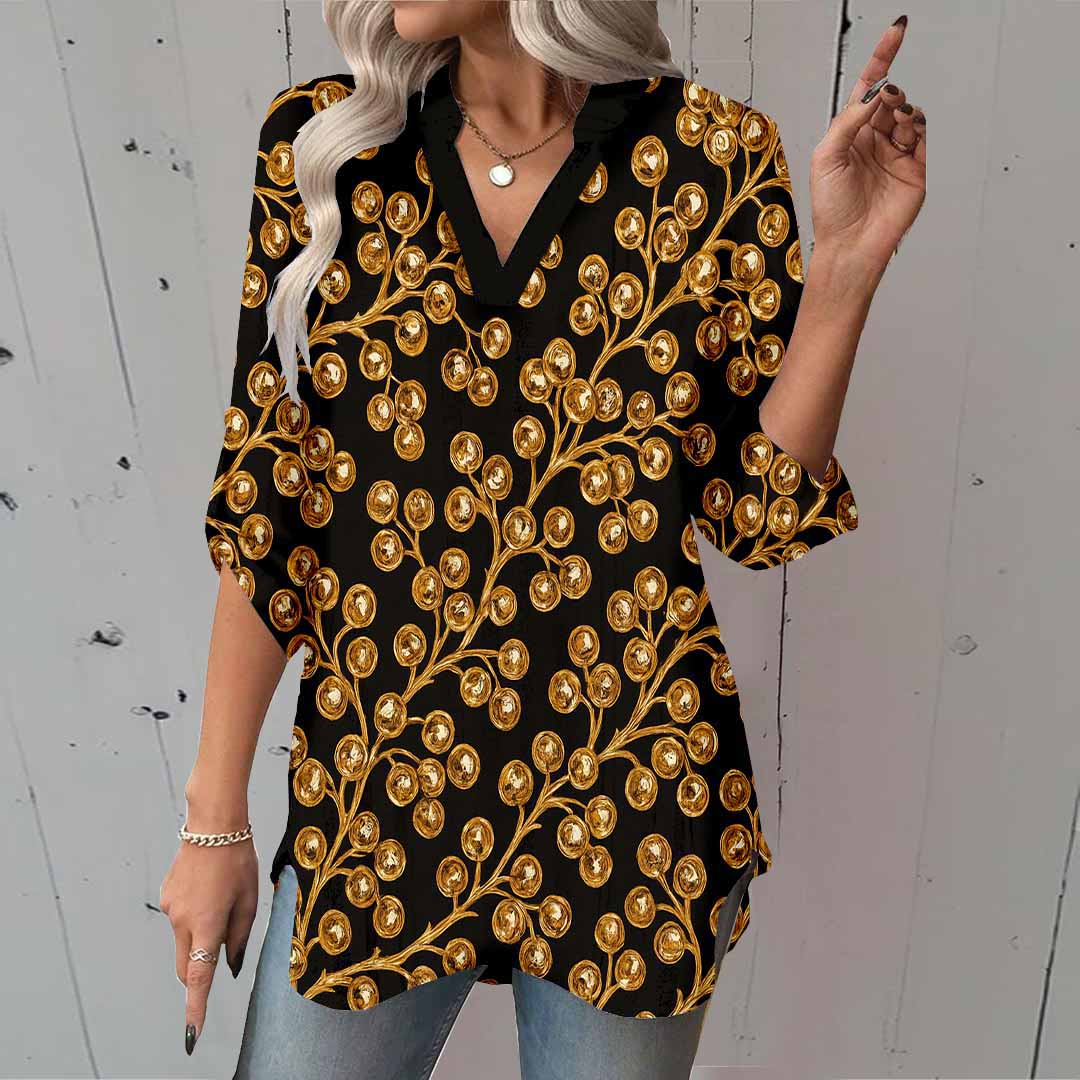Women Baroque,Gold,Black DZGA0279 3/4 Sleeve V-neck Printed Graphic Button Tops