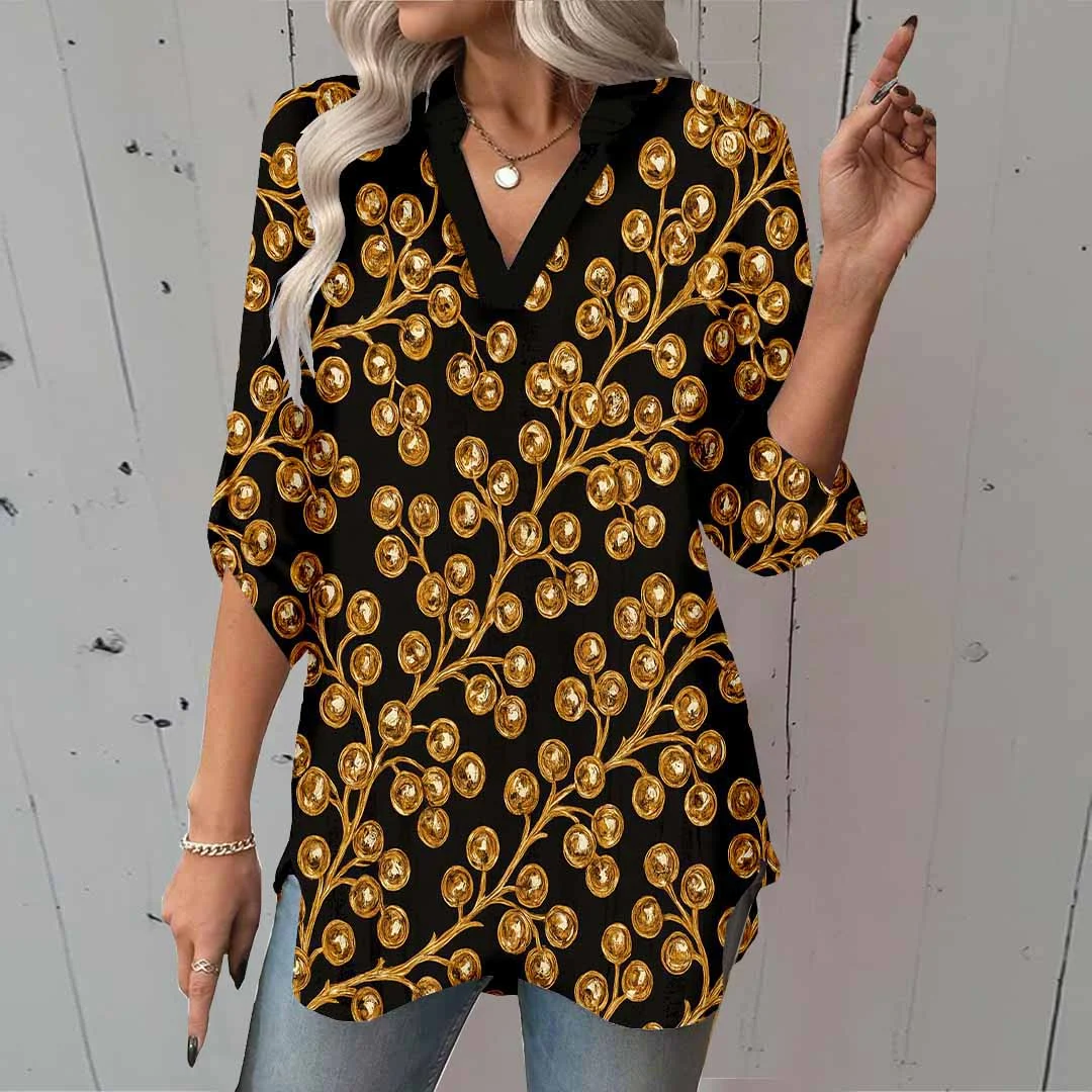 Women Baroque,Gold,Black DZGA0279 3/4 Sleeve V-neck Printed Graphic Button Tops