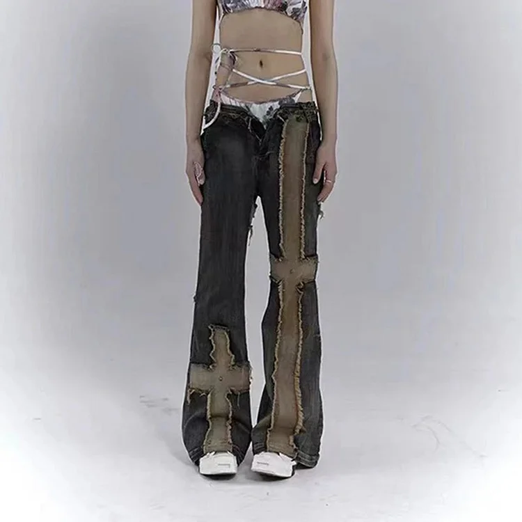 Cross Patchwork Flare Pants