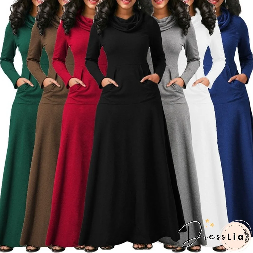 Evening Party Night Women Bow Long Sleeve Pockets Solid Pullover Long Dresses