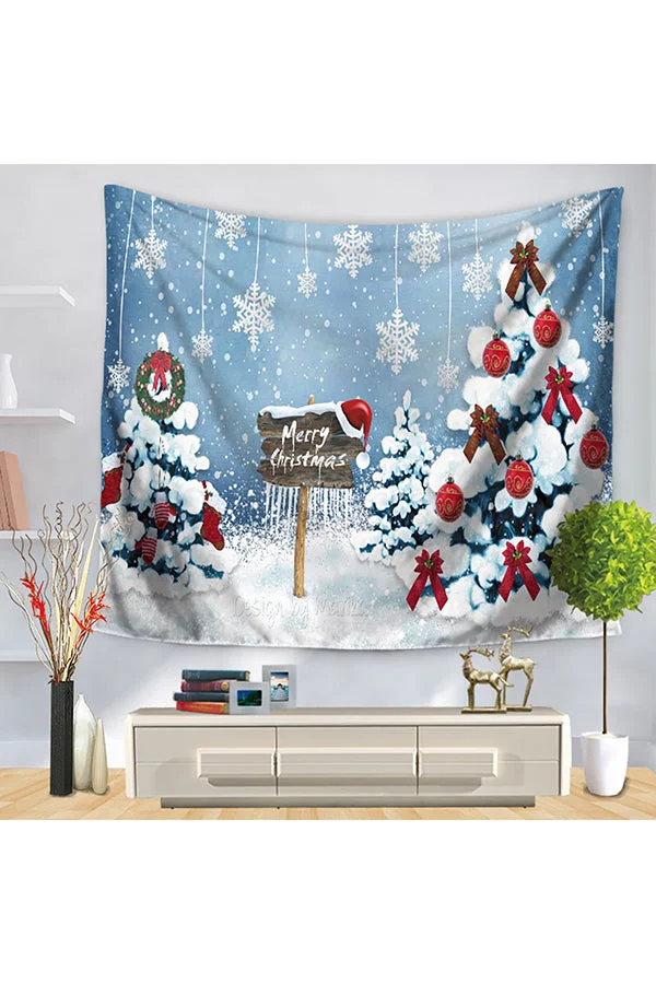 Santa Claus Snow Snowman Christmas Tree Print Wall Tapestry Light Blue-elleschic