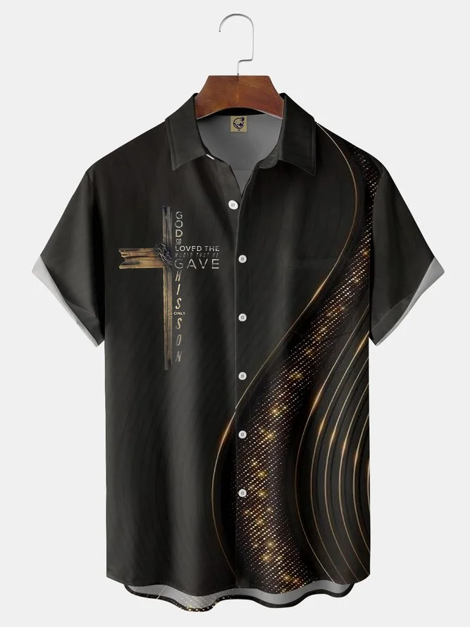 Easter Cross Chest Pocket Short Sleeve Casual Shirt