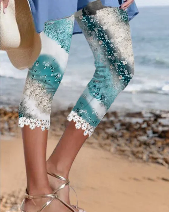 Beach Mesh Patchwork Lace Printed Pants