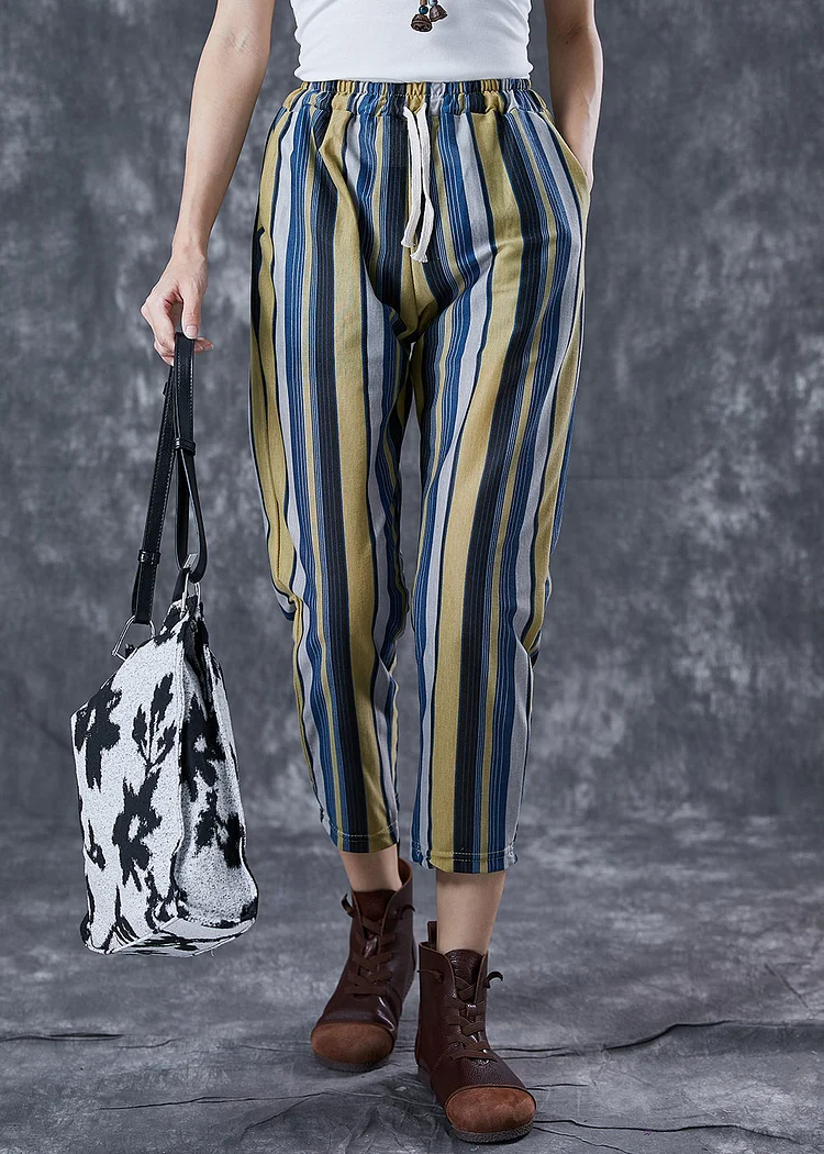 Fitted Colorblock Striped Elastic Waist Linen Harem Pants Summer