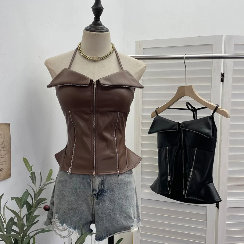 Nigikala Nigikala Shoot Hottie Hanging Neck Zipper Open Fork Sling Vest Pu Skin Bra Repair Short Sleeveless Top 8112