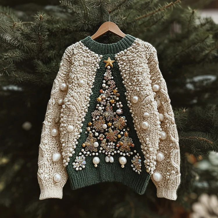 Christmas Tree Embroidered Pearl Crew Neck Sweater