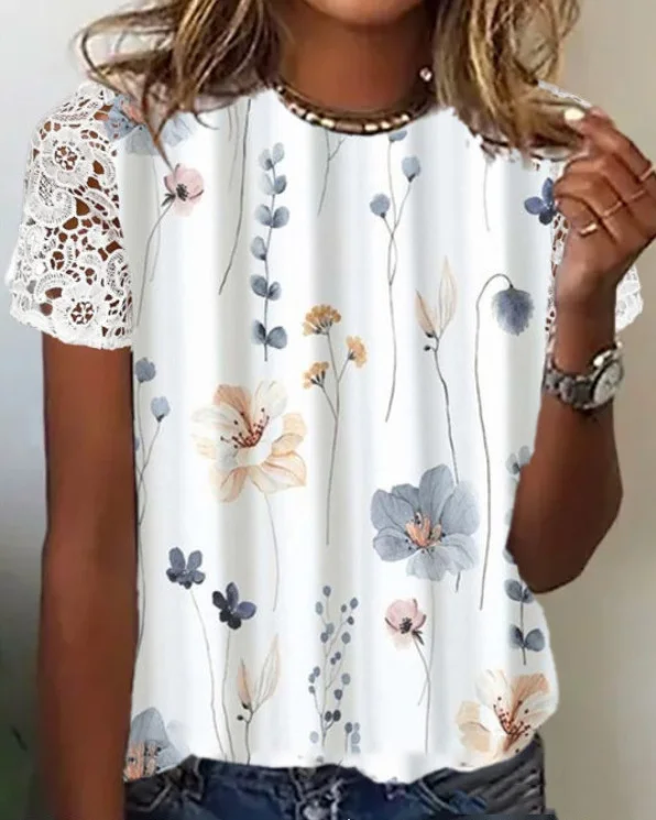 Loose Botanical Floral Print Lace Short-Sleeved Top
