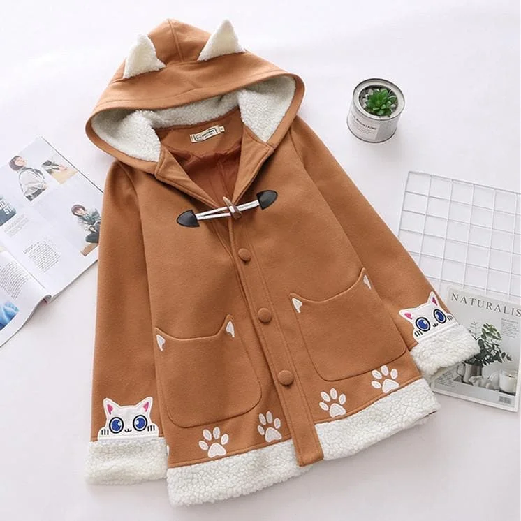 Khaki Kawaii Luna Cat Paw Woolen Coat SP14325