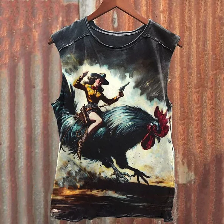 Comstylish Vintage Wild West Cowgirl Rooster Print 100% Cotton Casual Tank Top