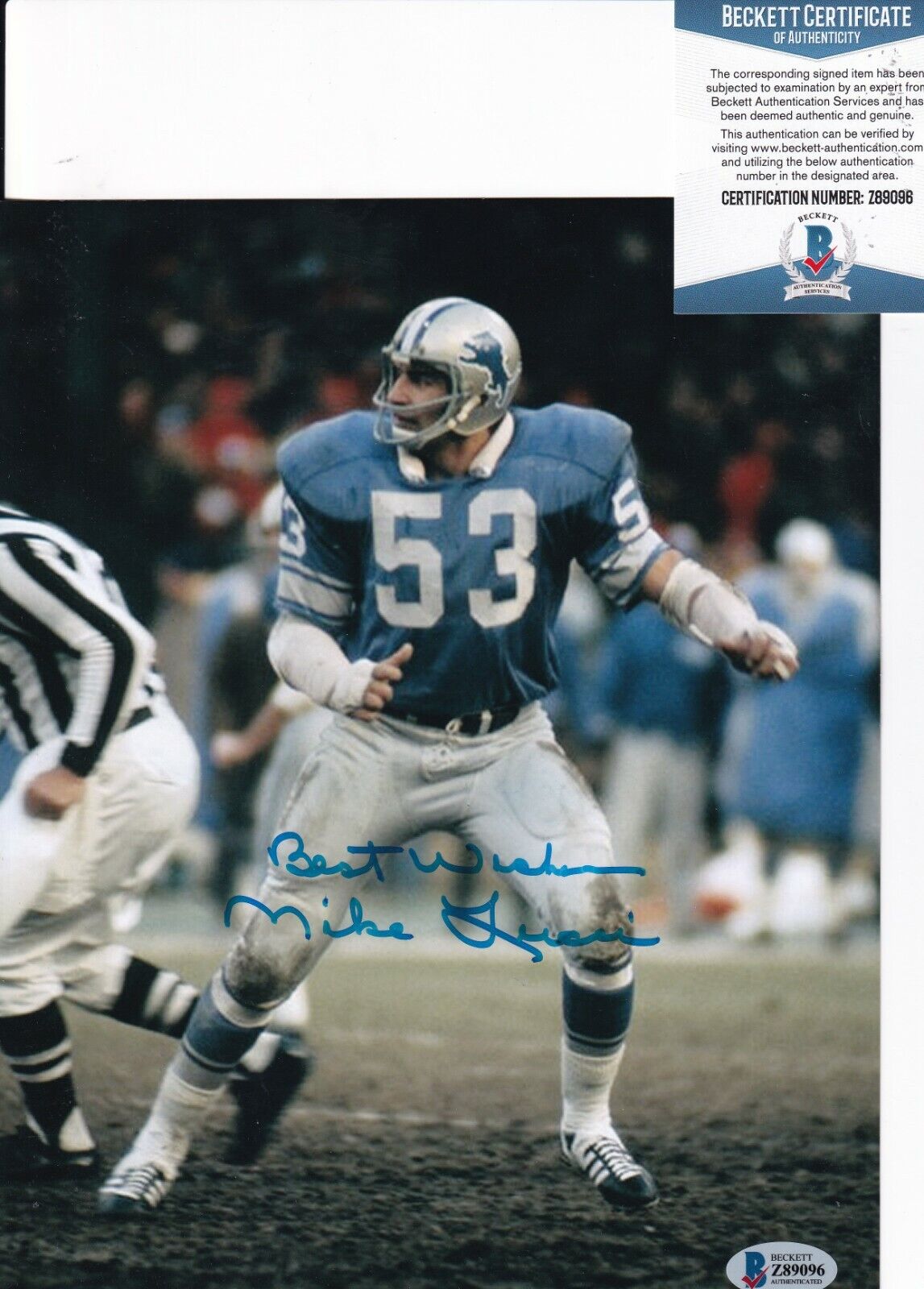 MIKE LUCCI signed (DETROIT LIONS) Football 8X10 Photo Poster painting BECKETT BAS Z89096