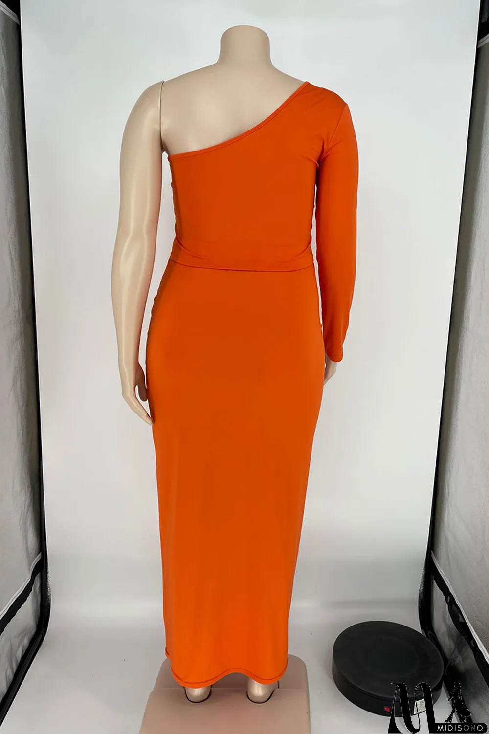 MidiSono - Tangerine Red Casual Solid Split Joint Off the Shoulder Pencil Skirt Plus Size Two Pieces