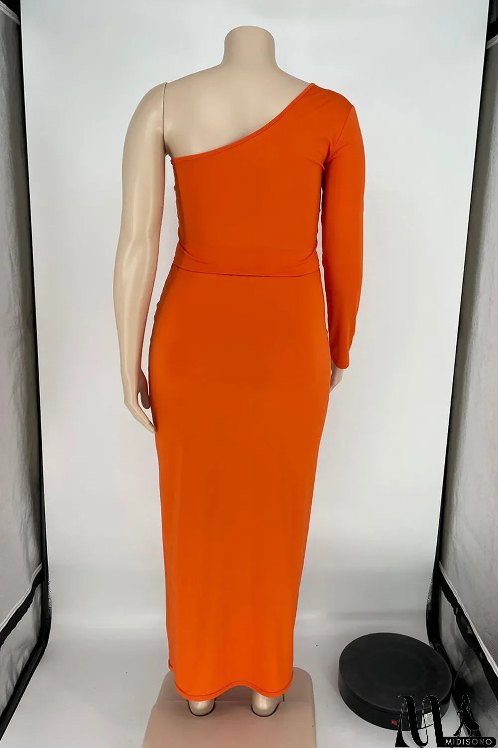 MidiSono - Tangerine Red Casual Solid Split Joint Off the Shoulder Pencil Skirt Plus Size Two Pieces