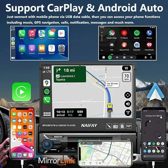 T Radio retráctil automático con pantalla retráctil, 7 pulgadas, Android Auto, Bluetooth, radio con navegación automática, FM