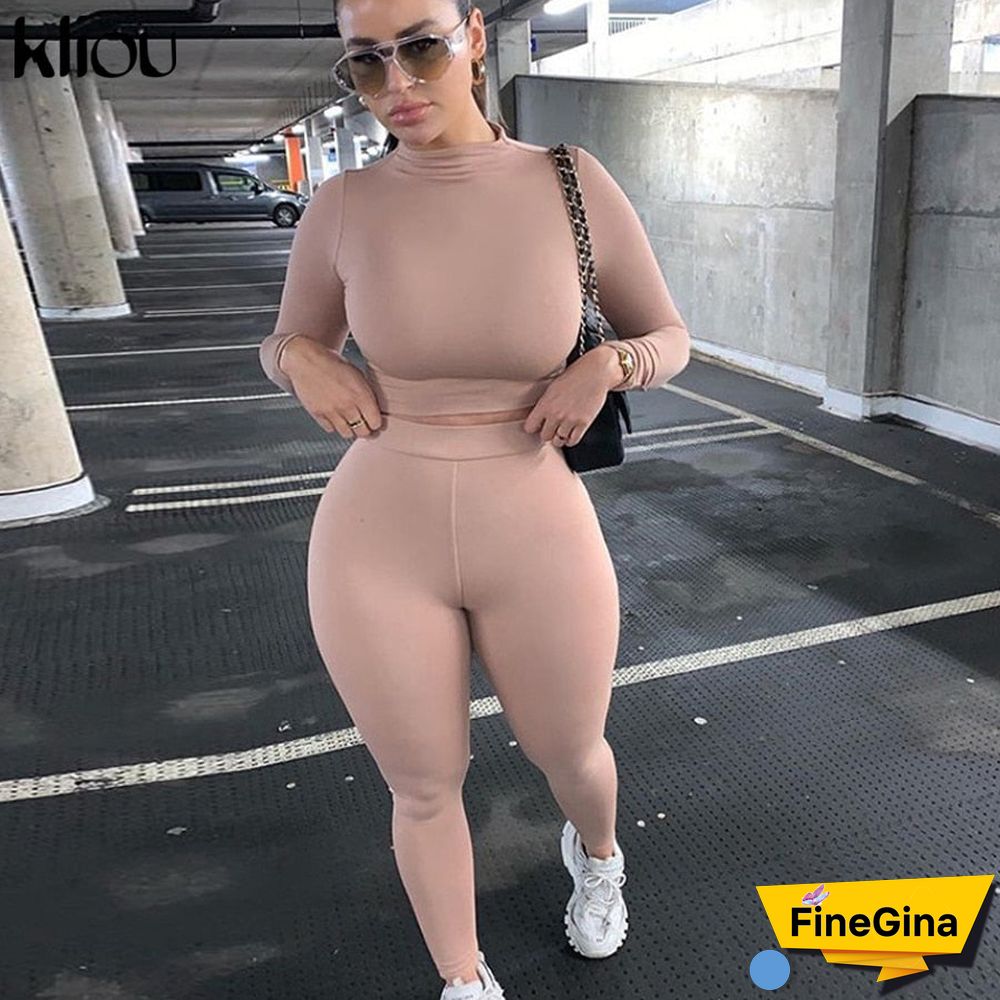 Kliou fashion tracksuit women turtleneck full sleeveless crop top+leggings matching set stretchy sporty fitness casual outfits