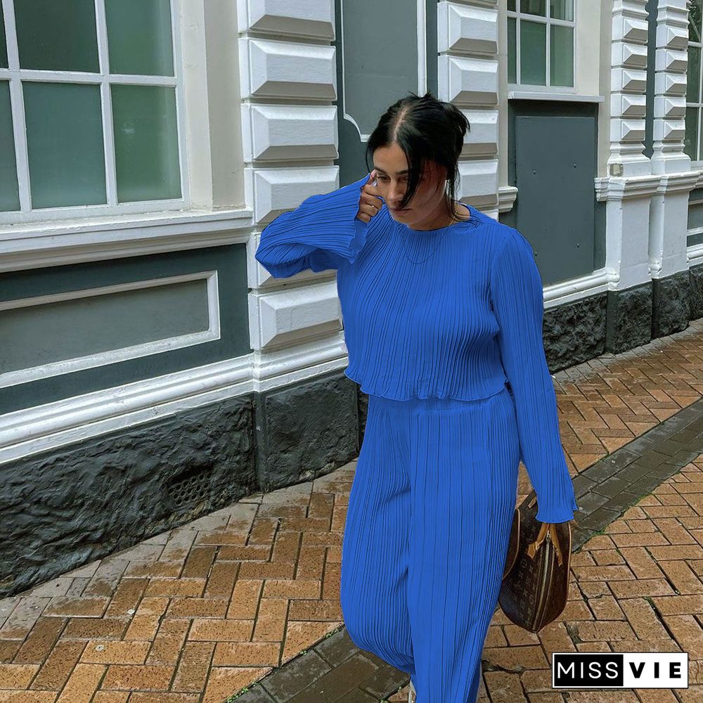 Pleated Loose Blouse Crop Top Wide Leg Pants Outfits