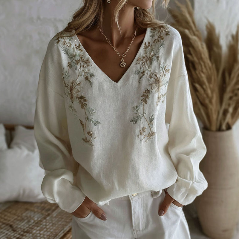 Women's Retro Floral Branch Art Print Linen Blend V-neck Long Sleeve T-shirt elevenforest