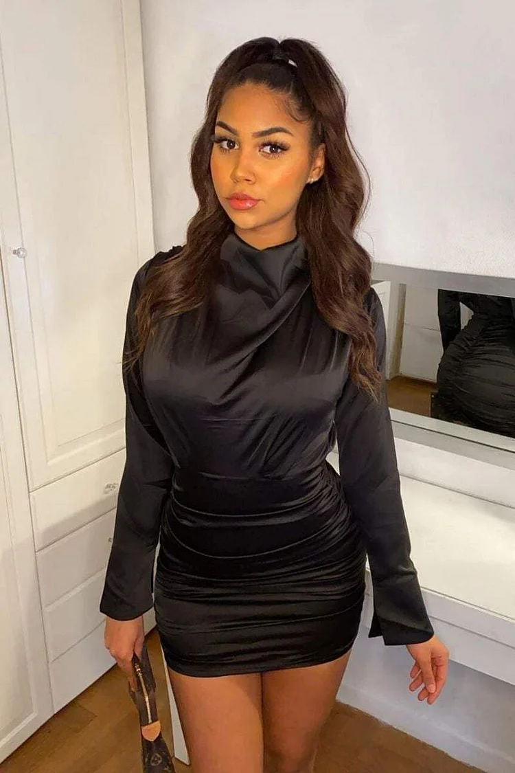 Black Satin Ruched Mini Dress - April Katch Me