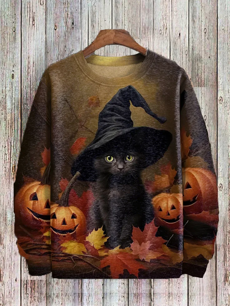 Men's Halloween Black Cat With A Witch Hat Pumpkin Print Casual Sweatshirt