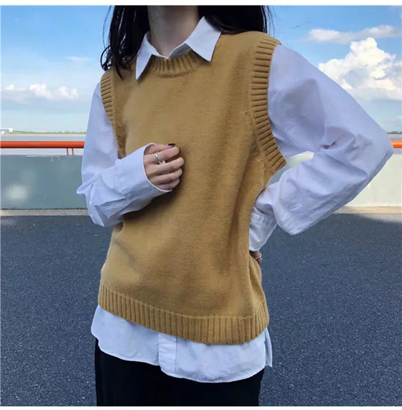 Churchf Churchf Autumn Round Collar Solid Color Knit Sweater Fold Wear Vest New This Year Popular Clip Outside The Foreign Style Vest Female