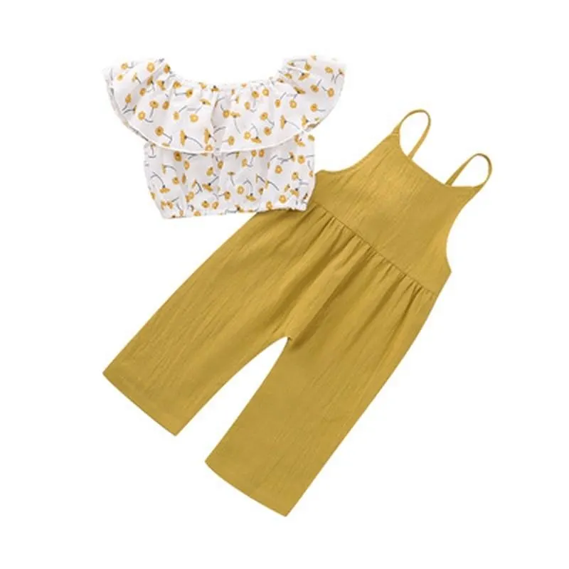 2 Pcs Infant Casual Outfits, Baby Girl Ruffle Off Shoulder Floral Crop Top + Tie Up Solid Color Overalls 1-6T