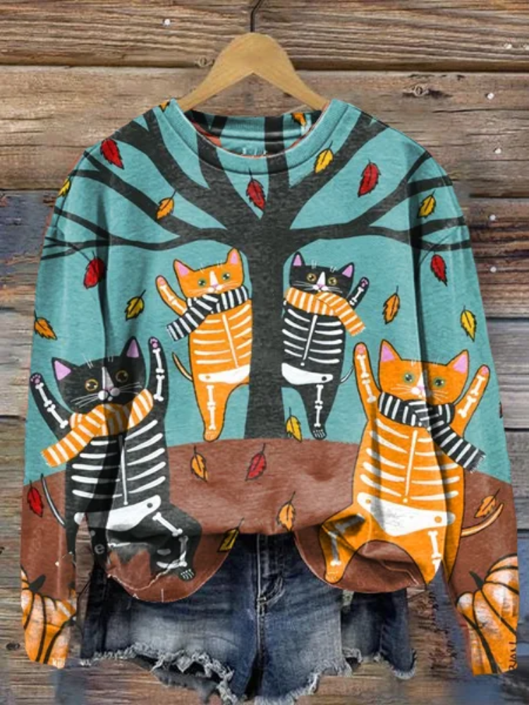 Women's Autumn Halloween Cat Round Neck Loose Long Sleeve T-Shirt Sweatshirt