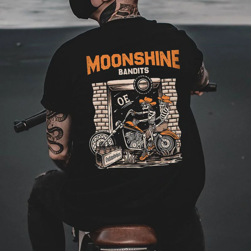 MOONSHINE BANDITS Skull Riding Black Print T-Shirt