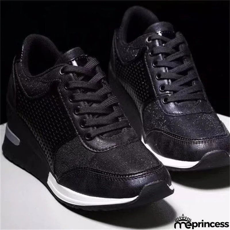Women's Casual Round Toe Slope Heel Mesh Lace Up Loafers