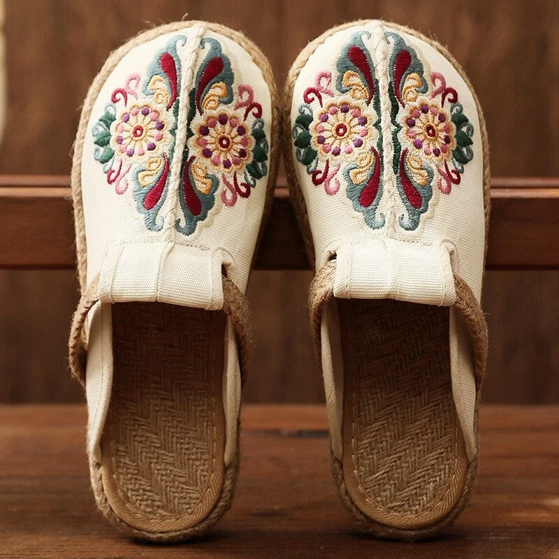 vstacam Women Slippers Autumn 2023 New Slides Embroider Flat with Women Shoes Retro Flower Handmade Concise Ladies Slippers