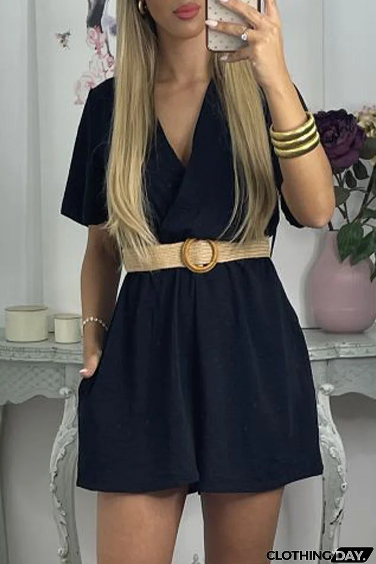 Casual Solid With Belt V Neck Loose Jumpsuits